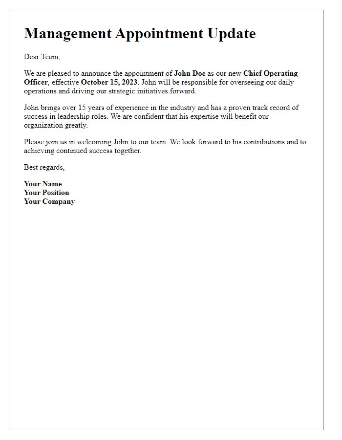 Letter template of new management appointment update