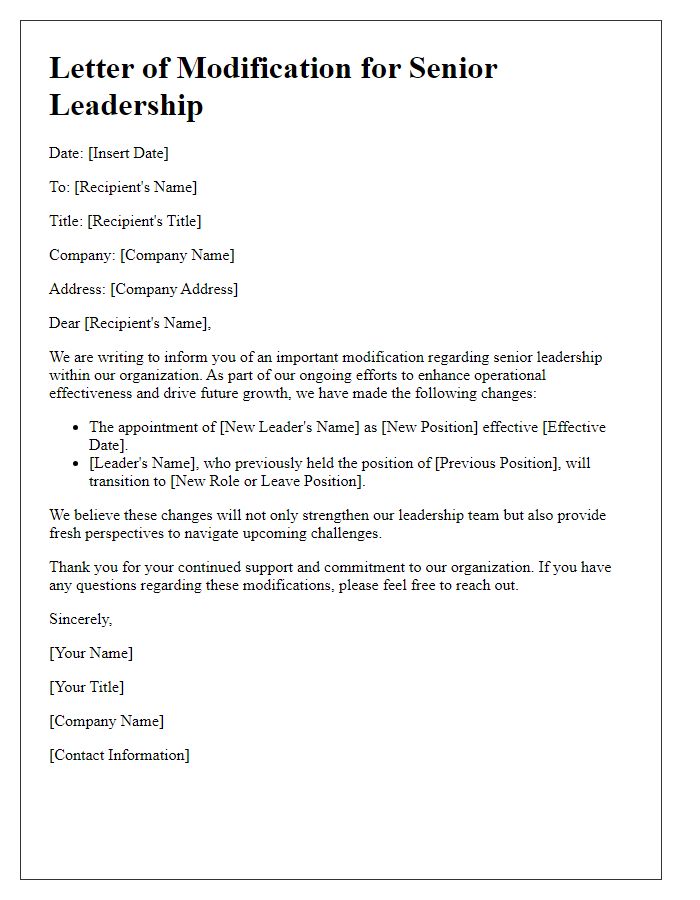 Letter template of senior leadership modification