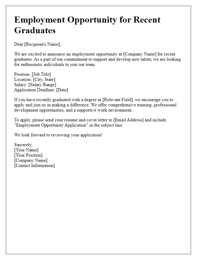 Letter template of Employment Opportunity for Recent Graduates