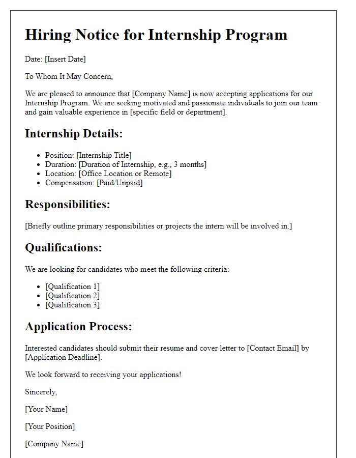 Letter template of Hiring Notice for Internship Programs