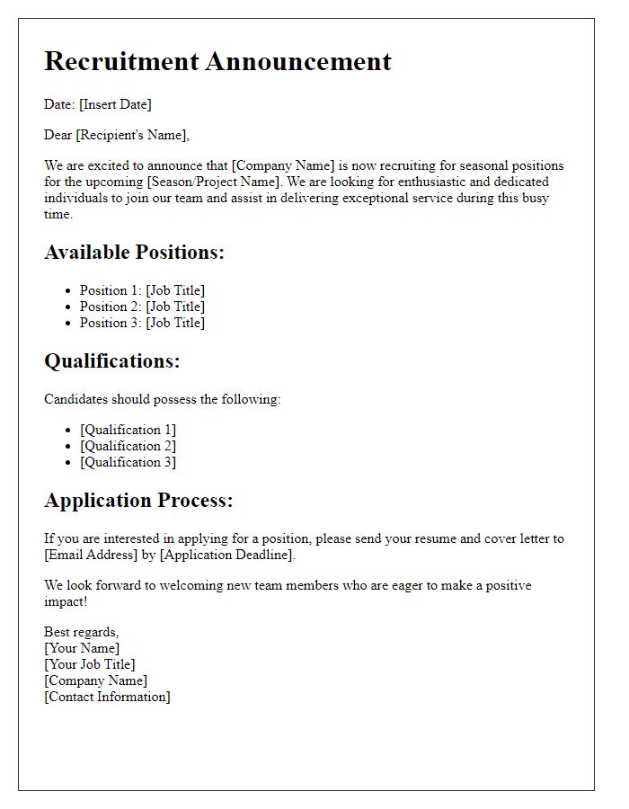 Letter template of Recruitment Announcement for Seasonal Positions
