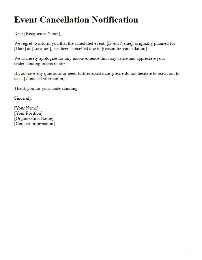 Letter template of cancellation update for scheduled event