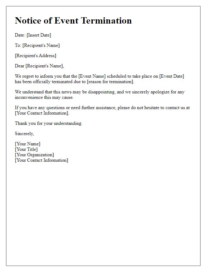 Letter template of notice for event termination