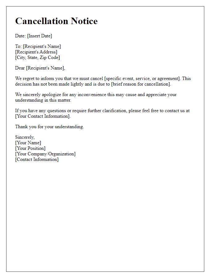 Letter template of official cancellation message