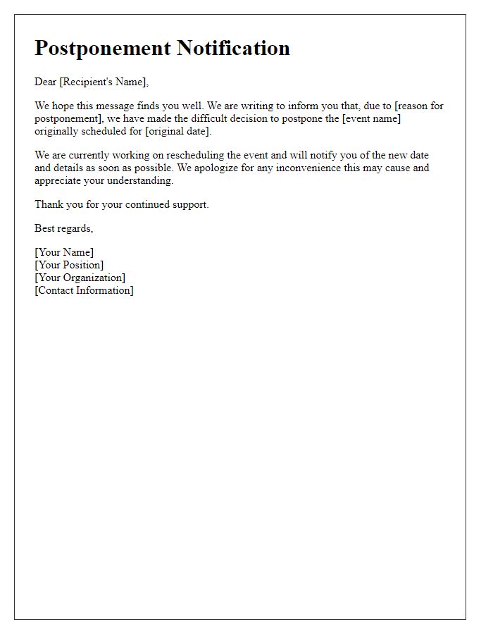 Letter template of postponement notification for event