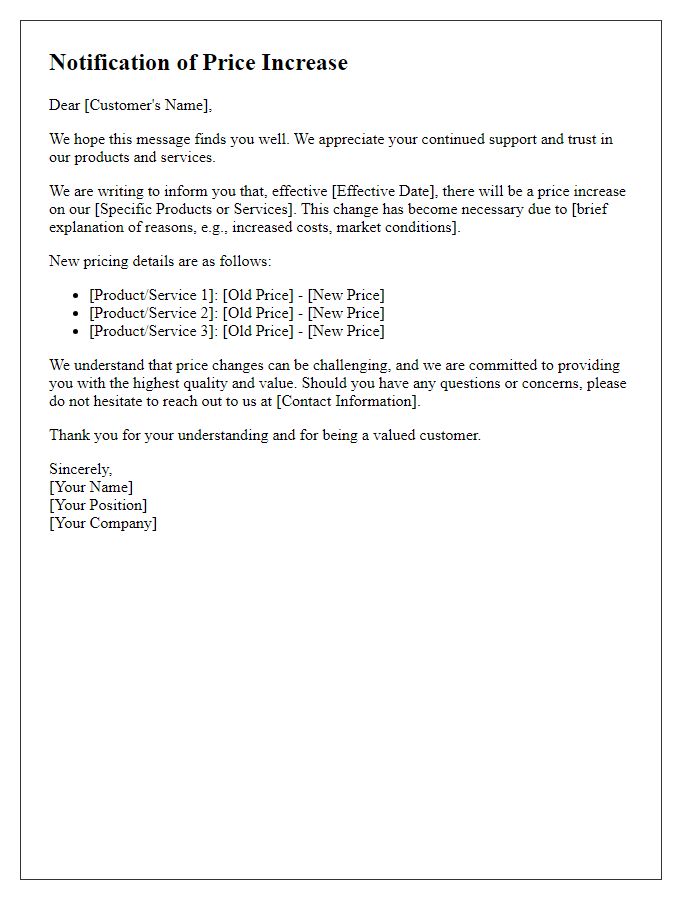 Letter template of Notification for Price Increase Announcement