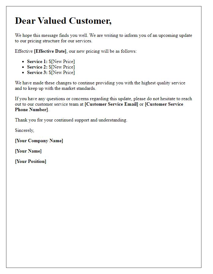 Letter template of Pricing Update for Our Services