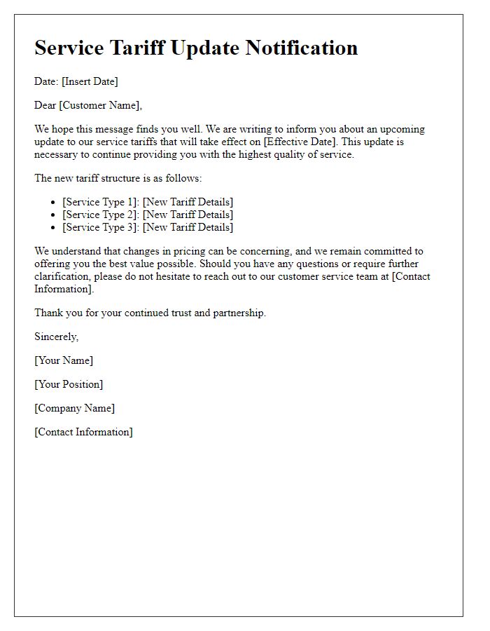 Letter template of Service Tariff Update Notification