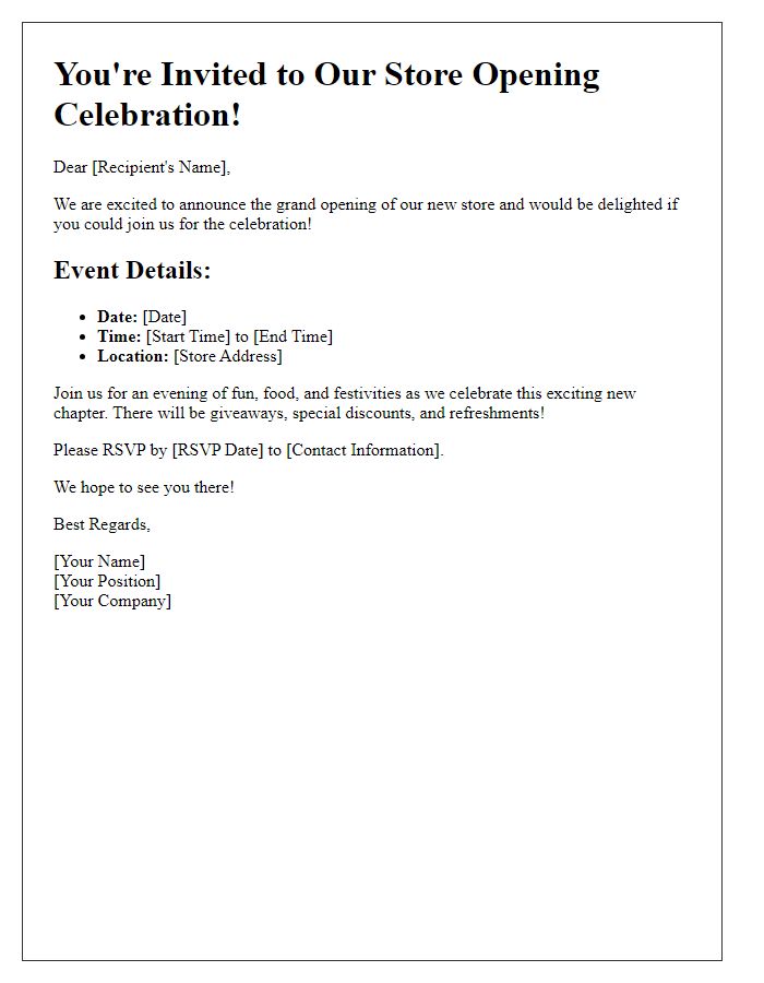 Letter template of event details for the store opening celebration