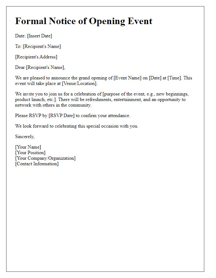 Letter template of formal notice for the opening event