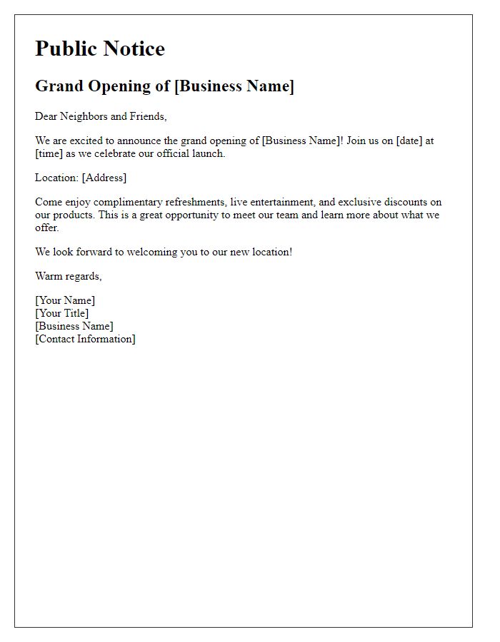 Letter template of public notice for upcoming grand opening