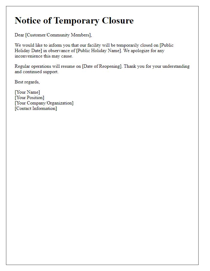 Letter template of alert regarding temporary closure for public holiday.