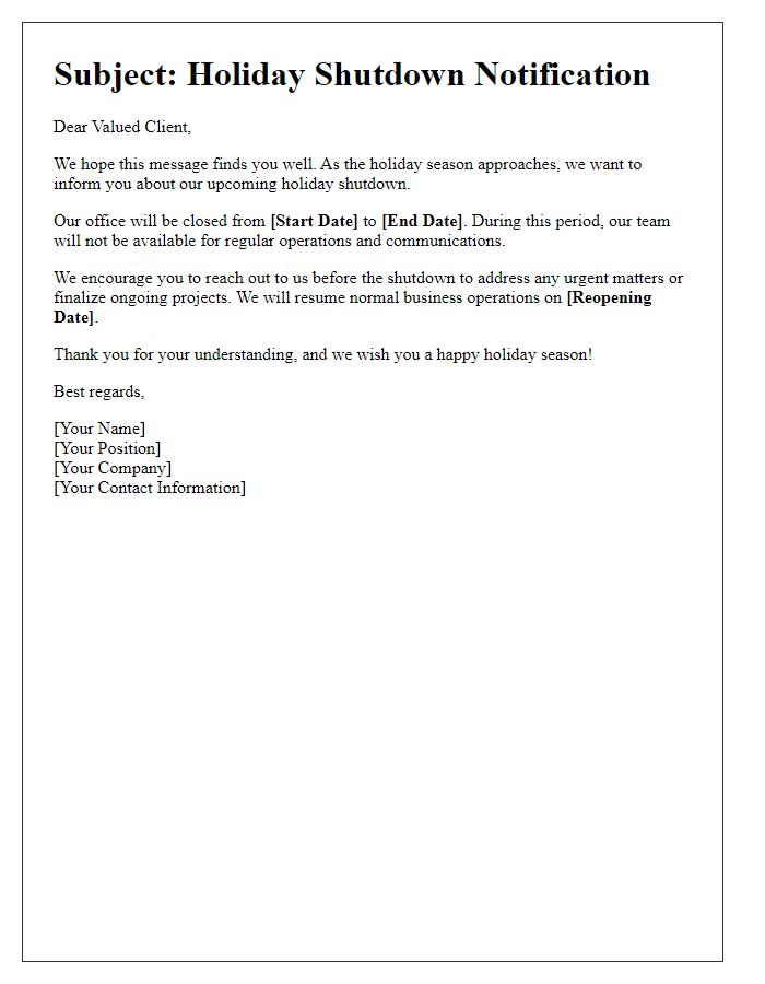 Letter template of communication about holiday shutdown to clients.