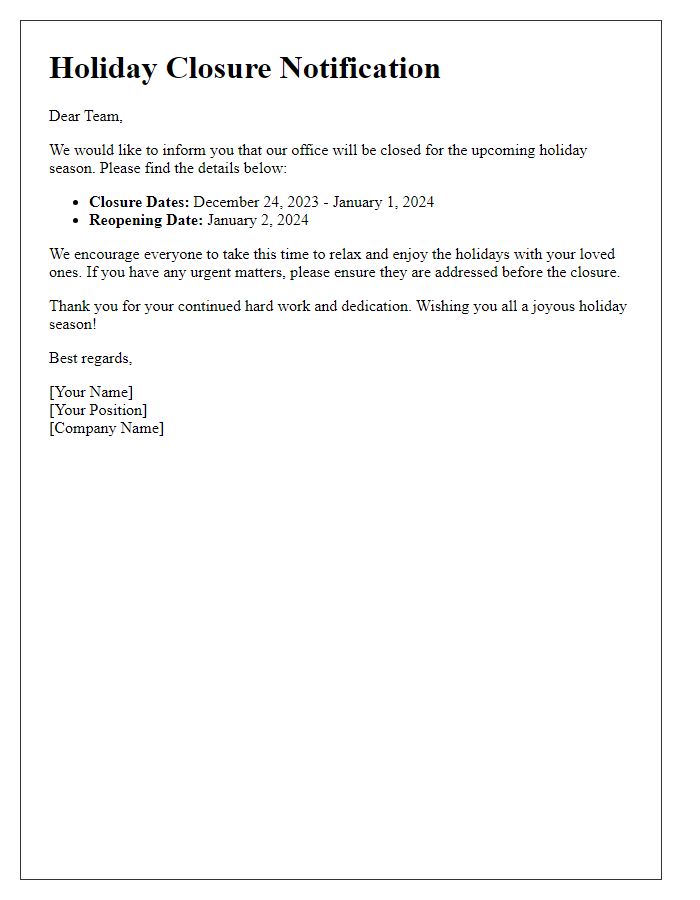 Letter template of holiday closure notification for employees.