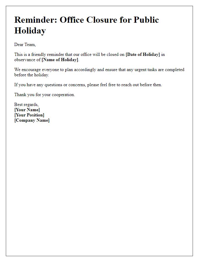 Letter template of reminder for public holiday office closure.