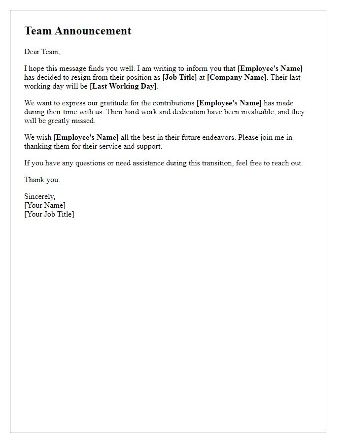 Letter template of employee resignation announcement to the team