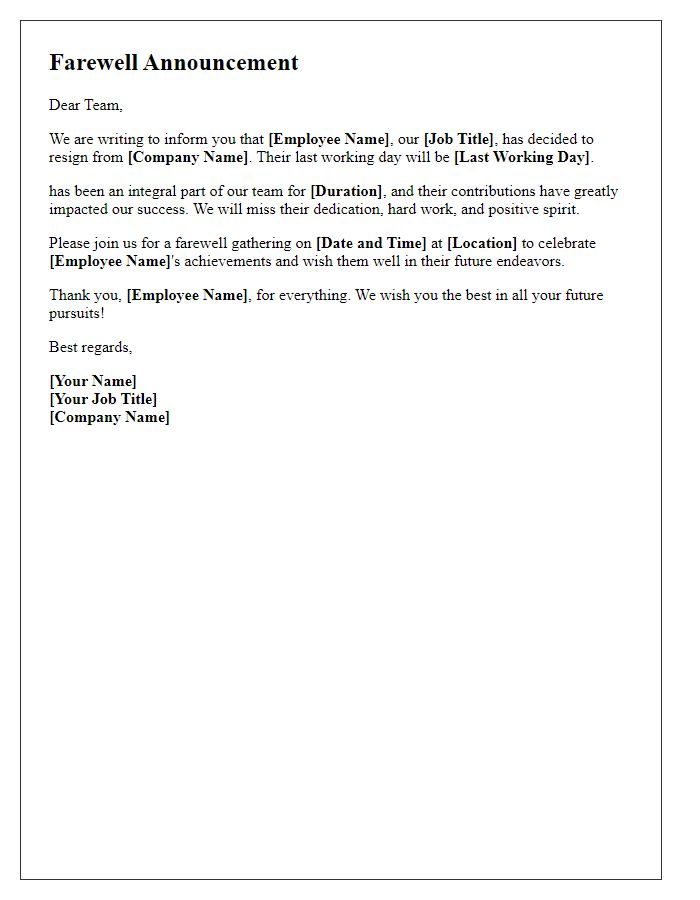 Letter template of farewell announcement for resigning staff