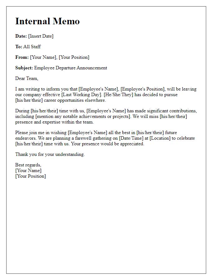 Letter template of internal memo on employee departure