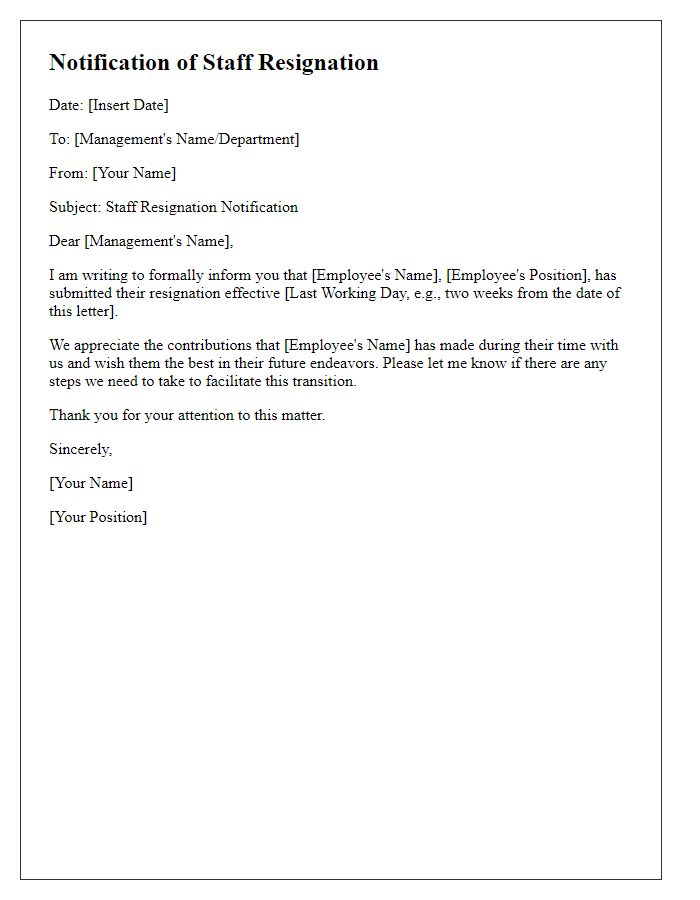 Letter template of notifying management about staff resignation