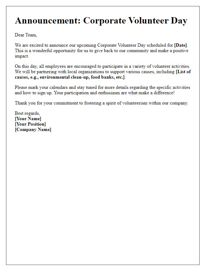 Letter template of corporate volunteer day announcement