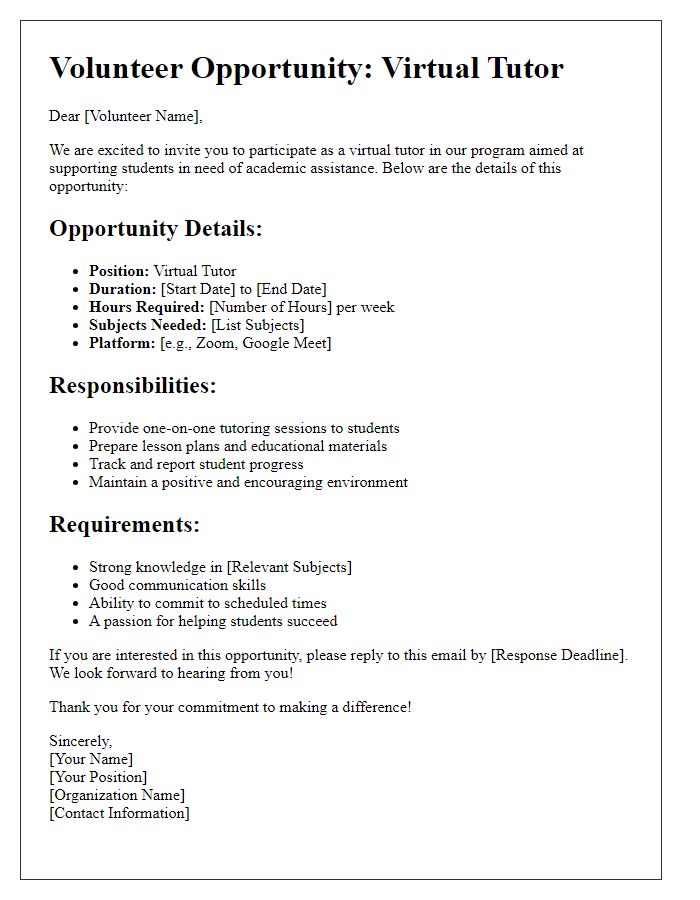 Letter template of virtual volunteer opportunity details