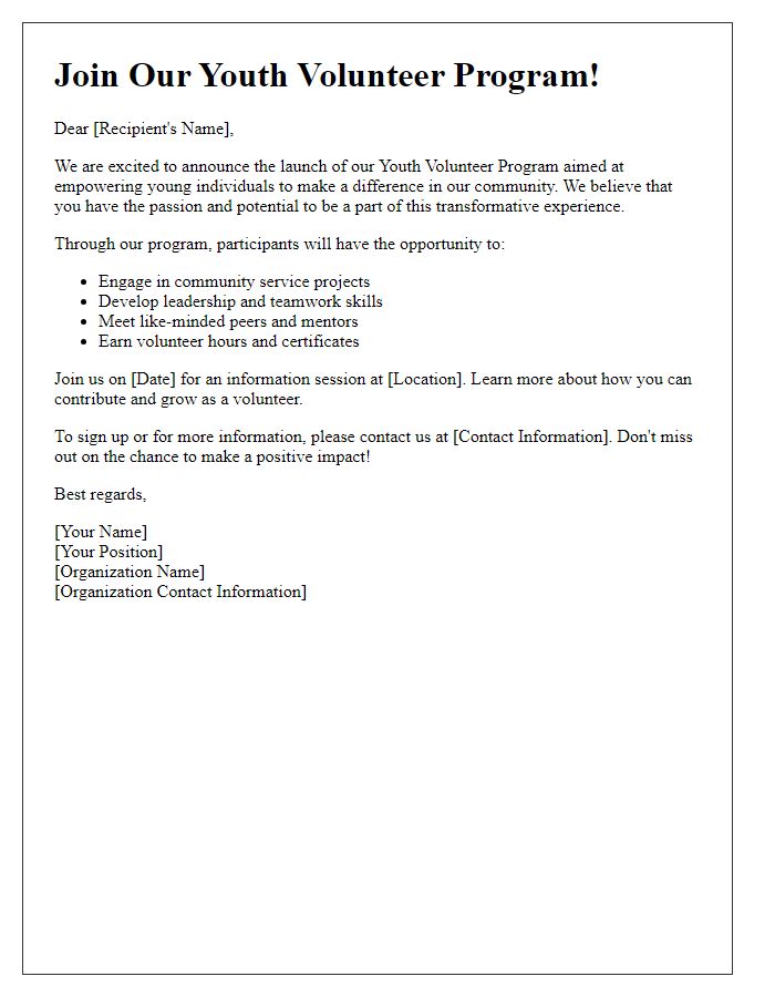 Letter template of youth volunteer program promotion