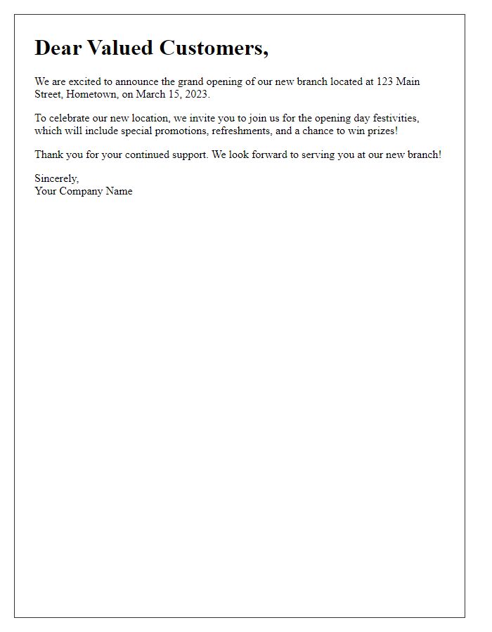 Letter template of new branch opening announcement for customers