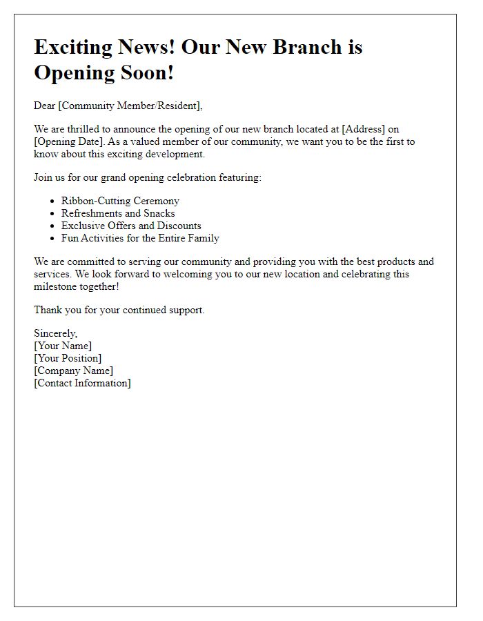 Letter template of new branch opening announcement for local community