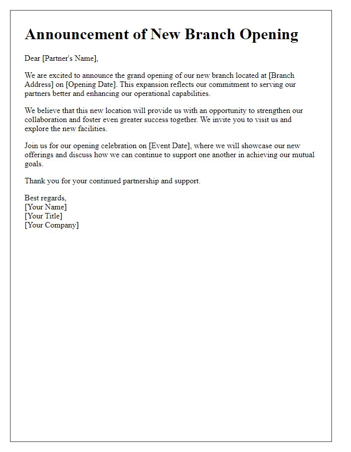 Letter template of new branch opening announcement for partners