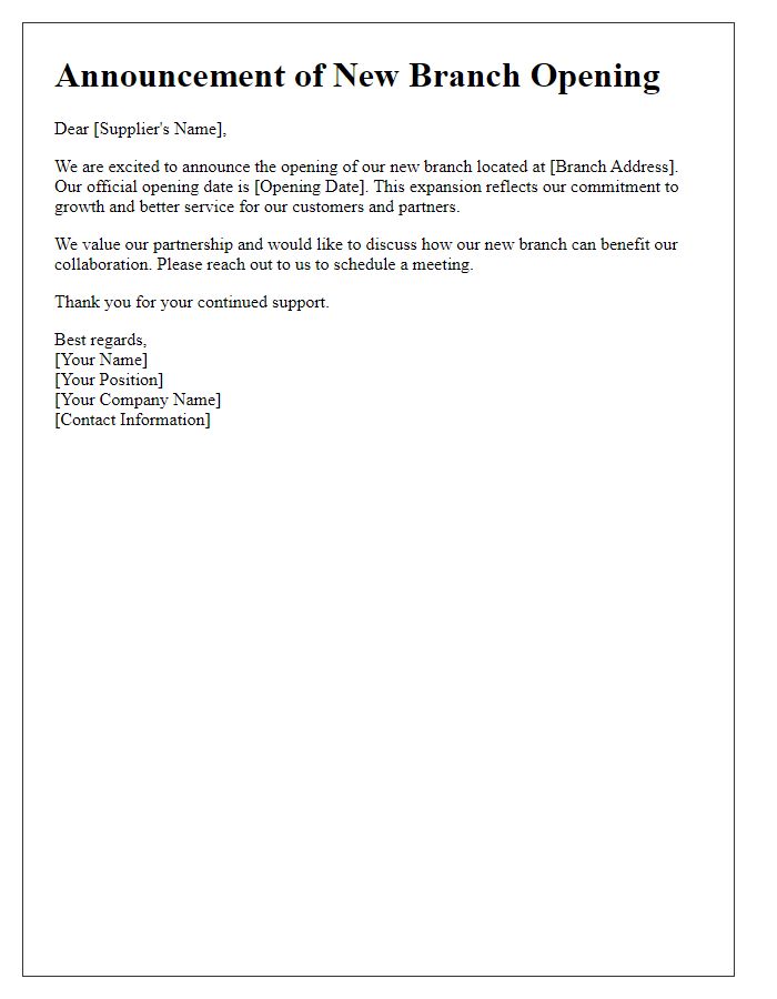 Letter template of new branch opening announcement for suppliers