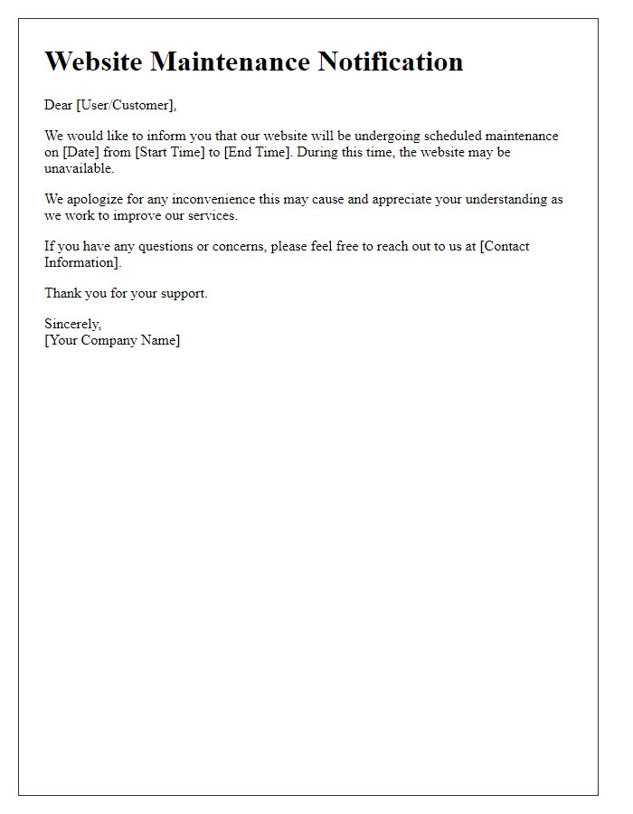Letter template of downtime alert for website maintenance