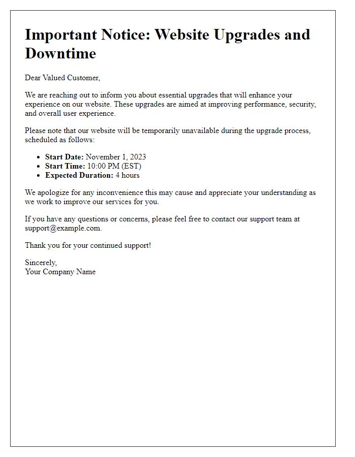 Letter template of essential upgrades and website downtime