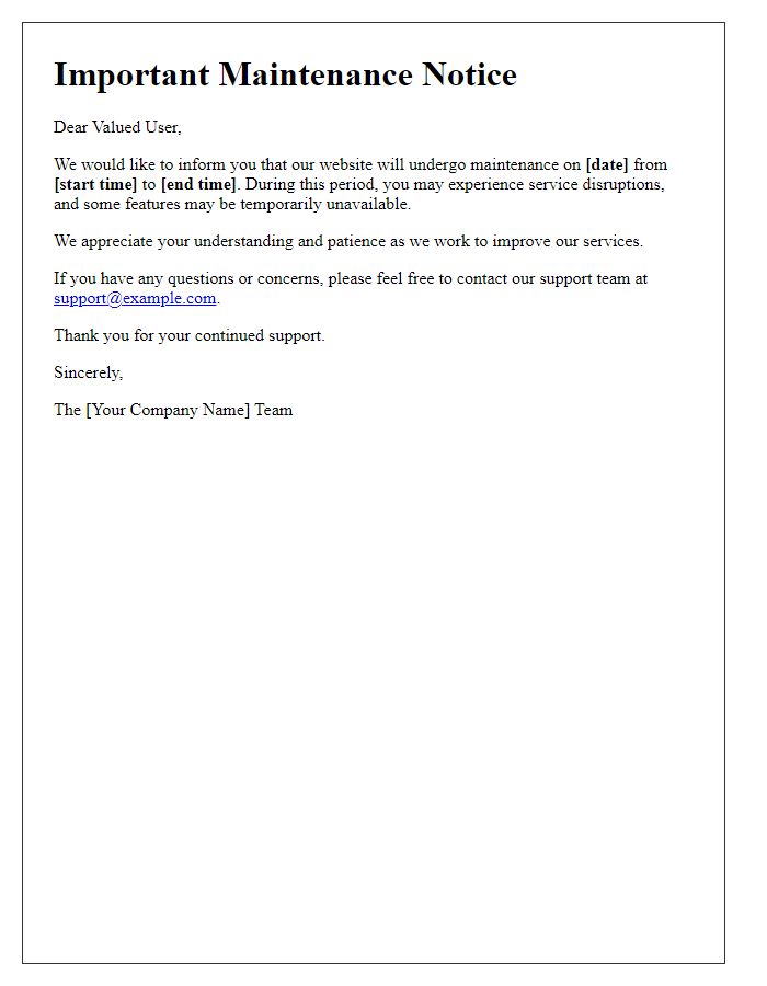 Letter template of expected website service disruptions during maintenance
