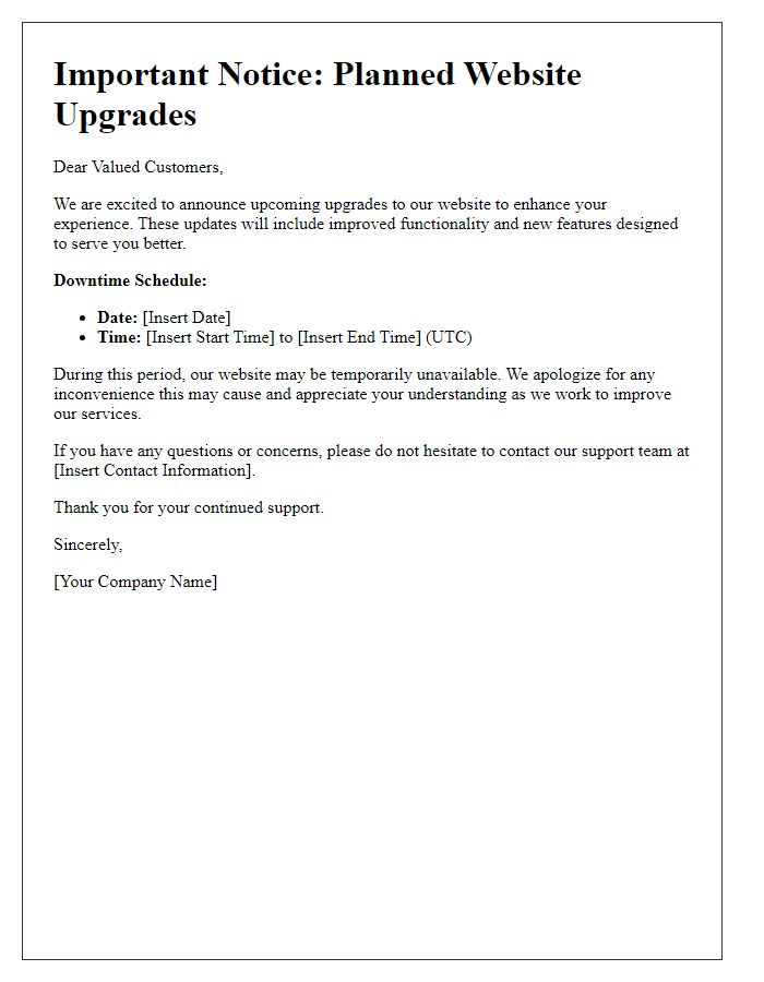 Letter template of planned website upgrades and downtime