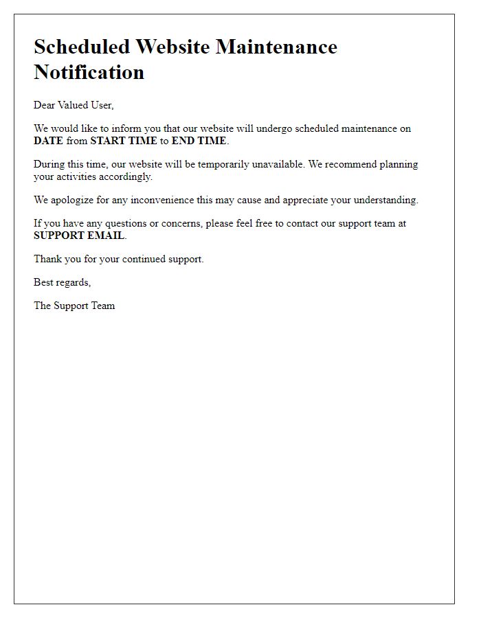 Letter template of scheduled website maintenance notification