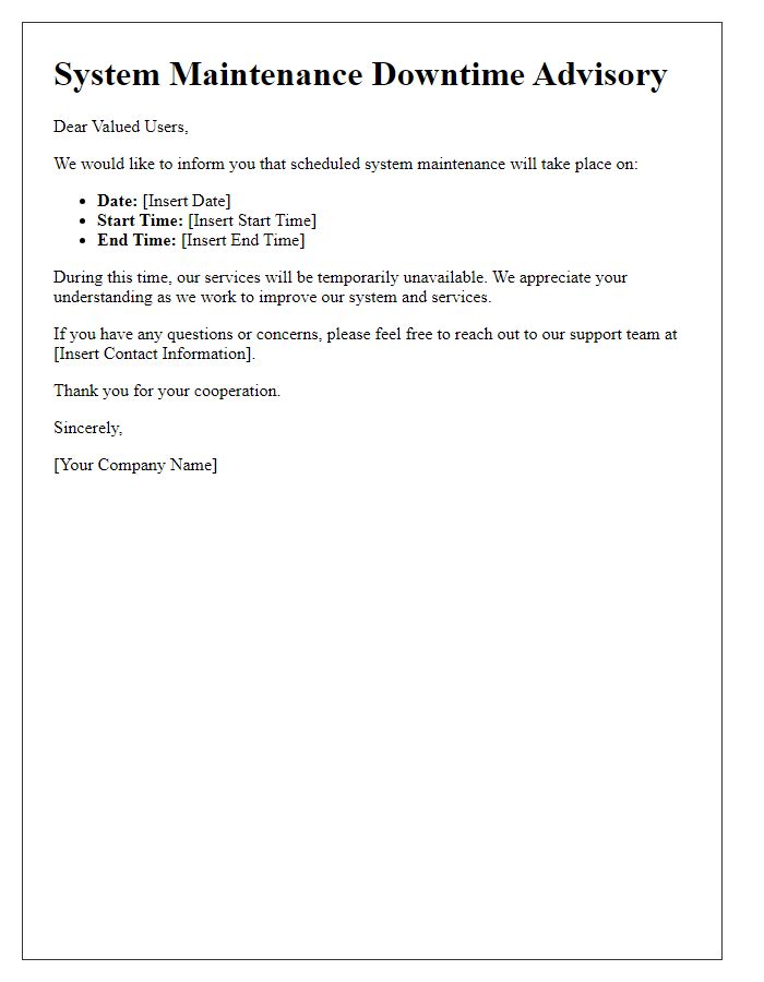 Letter template of system maintenance downtime advisory