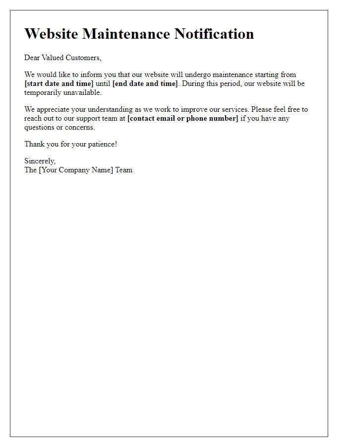 Letter template of website maintenance closure communication