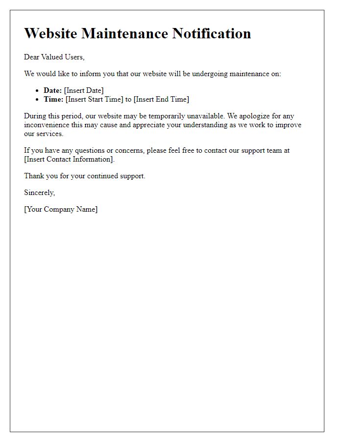 Letter template of website maintenance period information