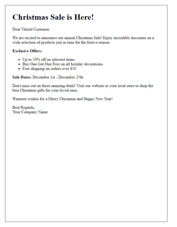 Letter template of Christmas sale promotion alert.