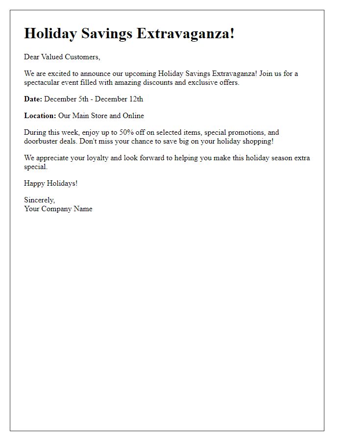 Letter template of holiday savings extravaganza announcement.