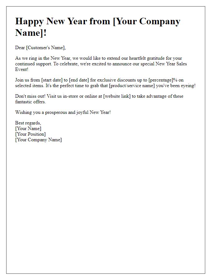 Letter template of New Year sales event communication.