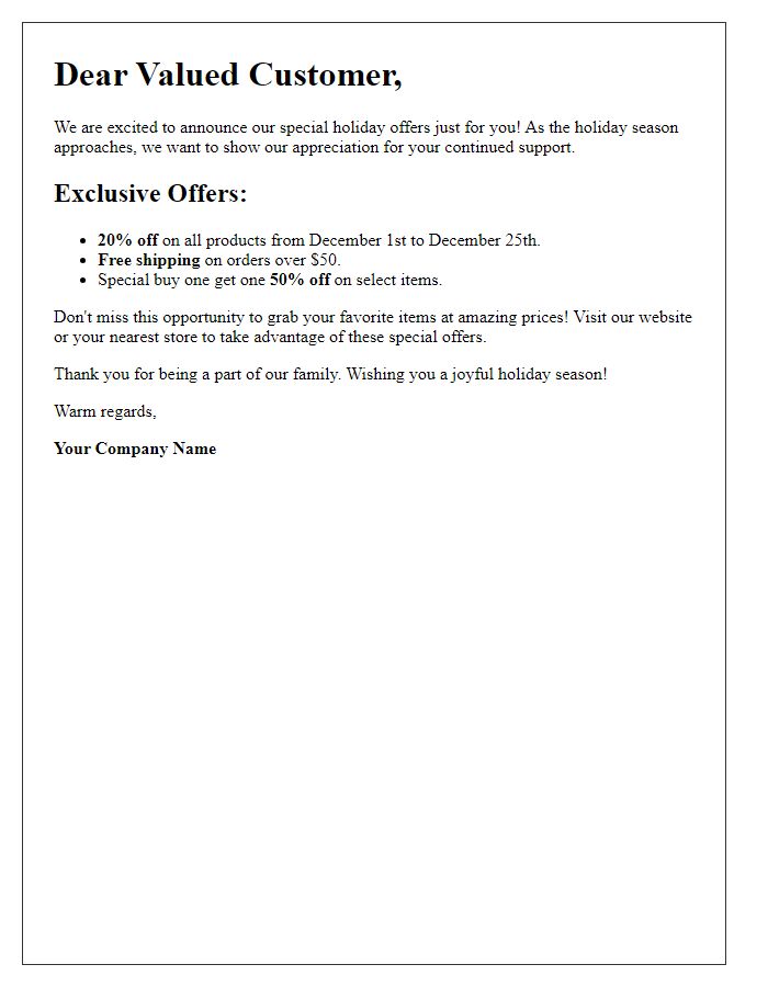 Letter template of special holiday offers notification.