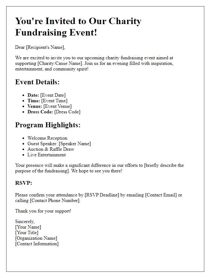 Letter template of event details for charity fundraising event