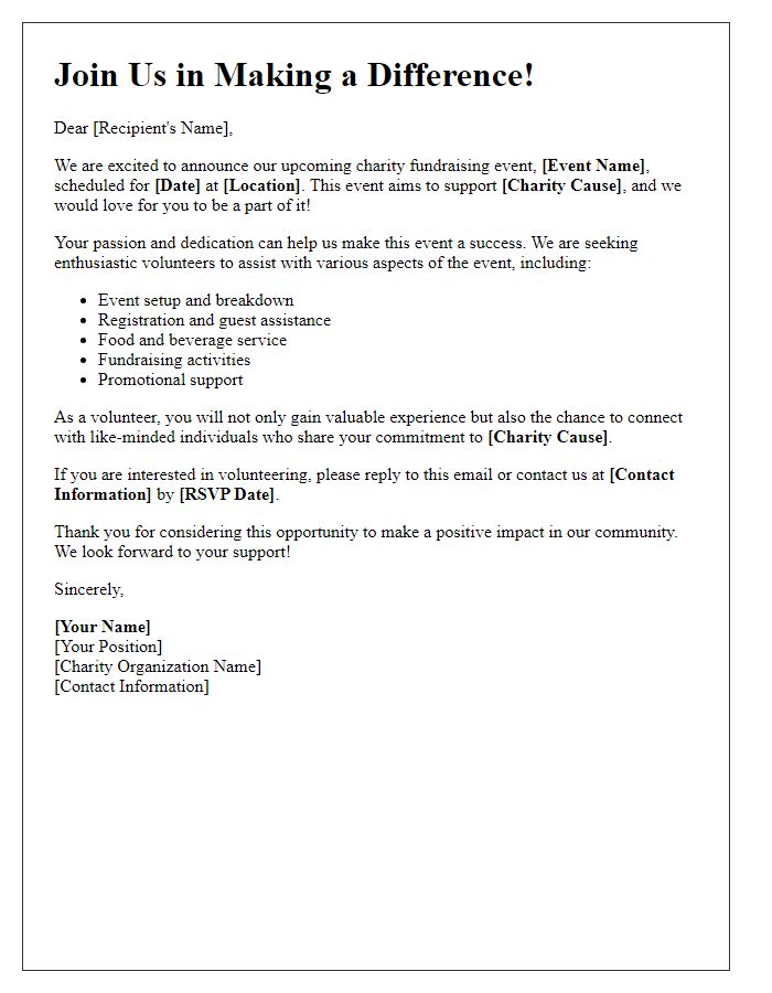 Letter template of volunteer recruitment for charity fundraising event