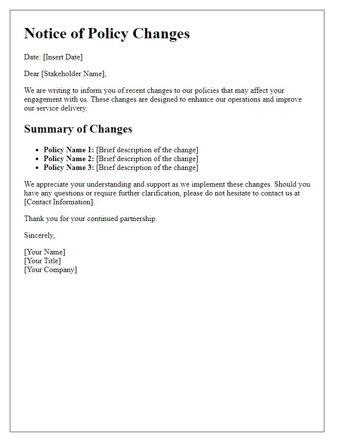 Letter template of changes in policy details for stakeholders