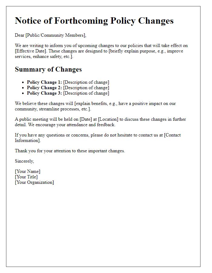 Letter template of forthcoming policy changes for the public