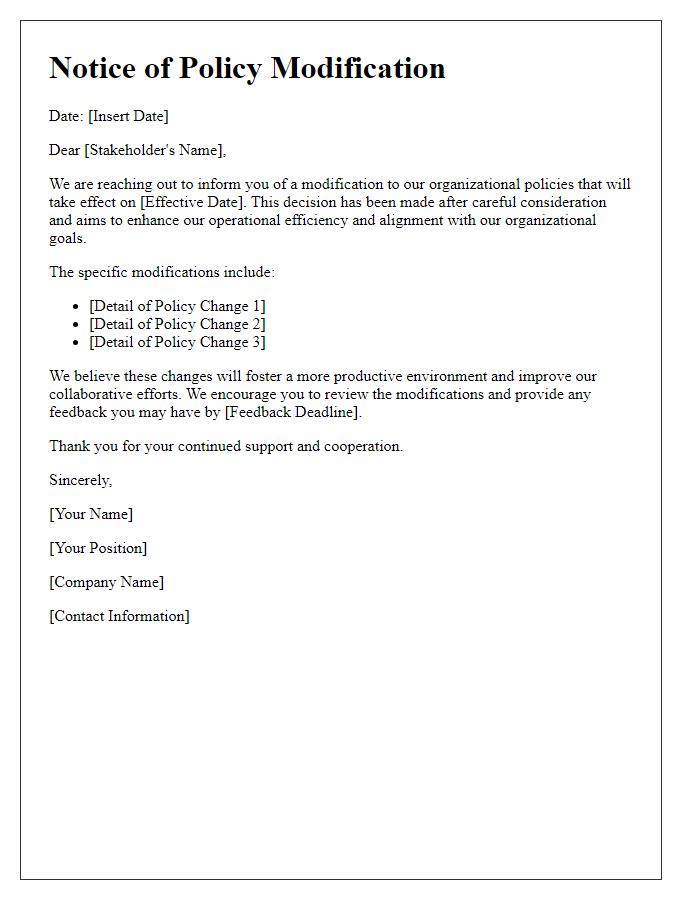 Letter template of organizational policy modification for stakeholders