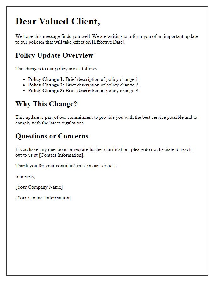 Letter template of updated policy announcement for clients