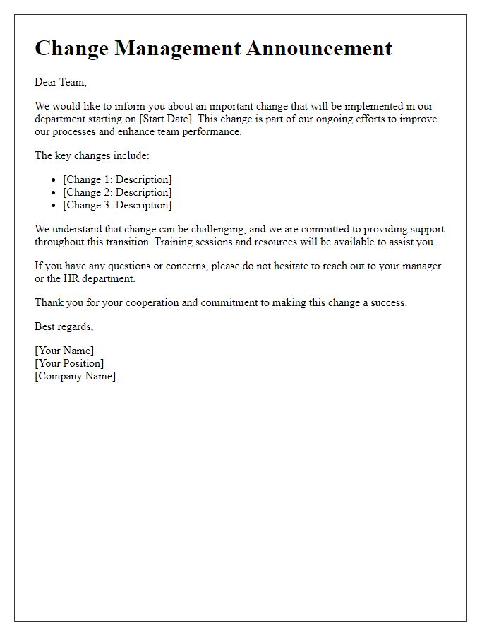 Letter template of change management announcement for teams