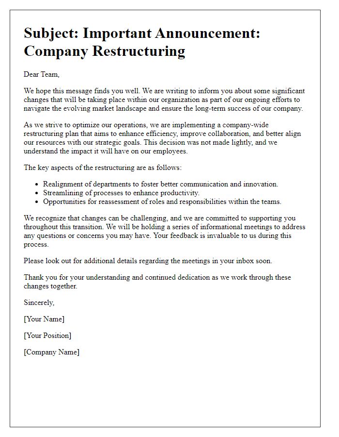 Letter template of company-wide restructuring communication